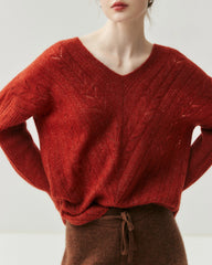 V-Neck Cable Knit Silk Cashmere Pullover