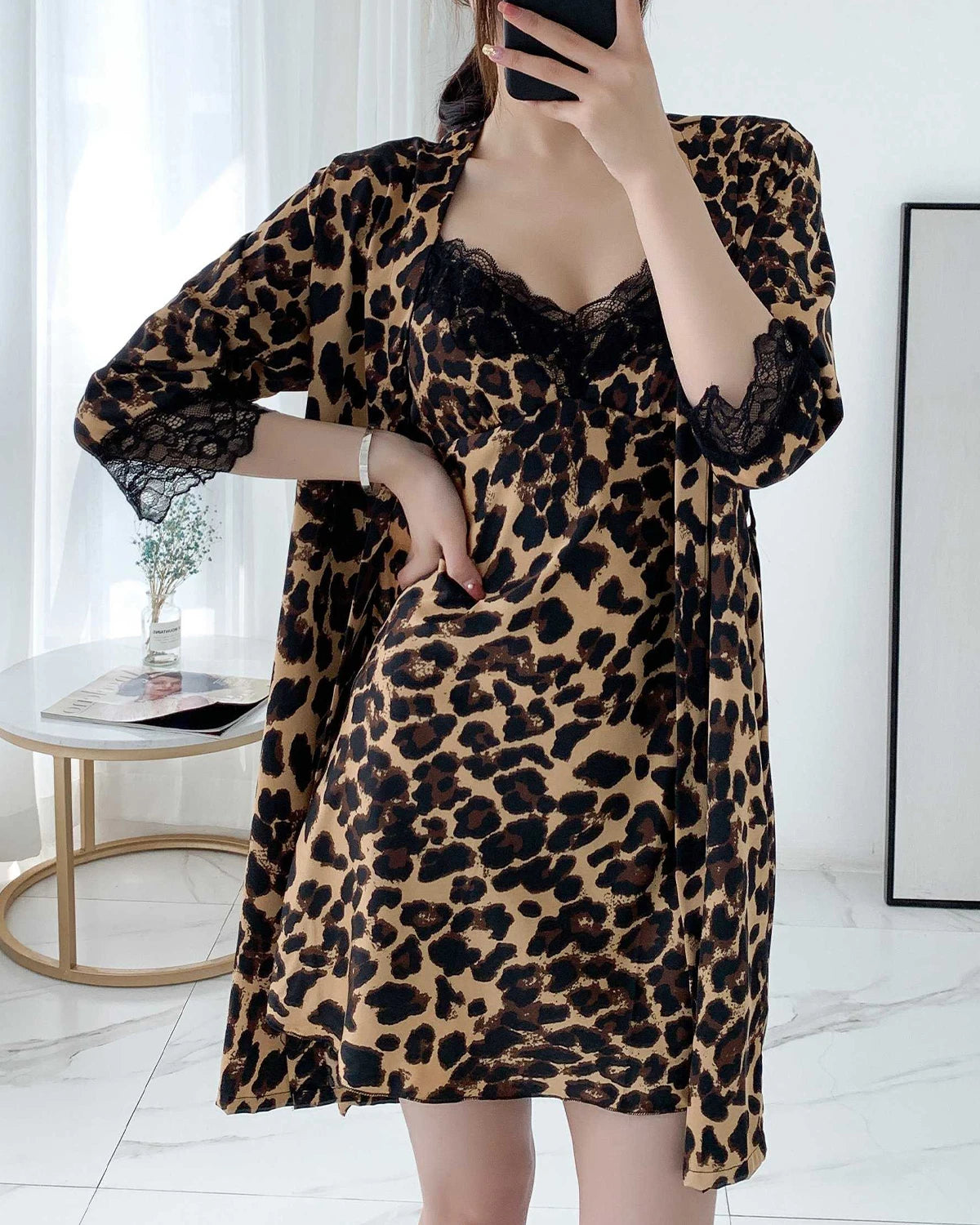 Leopard Silk Nightdress and Robe Set, Leopard Print