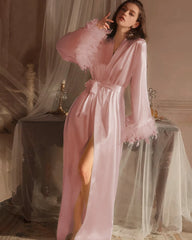 Washable Silk Bridal Robe with Feathers, Pink