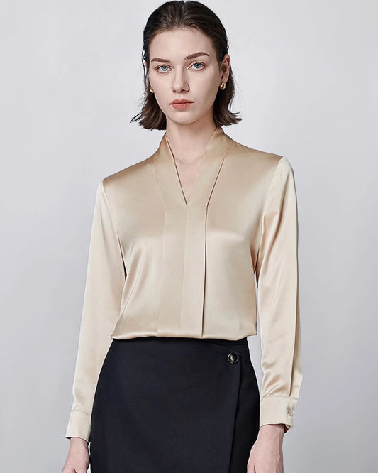 Long Sleeve Silk Blouse for Women, Champagne