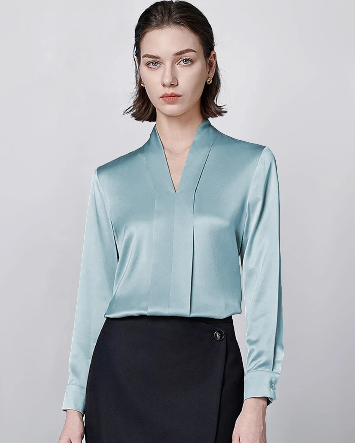 Long Sleeve Silk Blouse for Women, Haze Blue