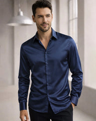 Classic Collar Silk Long Shirt For Men