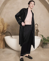 Men's Long Washable Silk Robe, Black