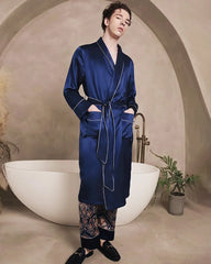 Men's Long Washable Silk Robe, Navy