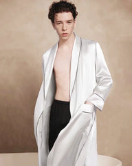 Men's Long Washable Silk Robe, White