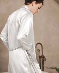 Men's Long Washable Silk Robe, White