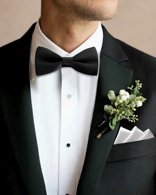 Washable Silk Bow Tie and Pocket Square Set, Black and White