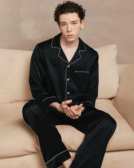 Men's Washable Silk Pajama Set, Black