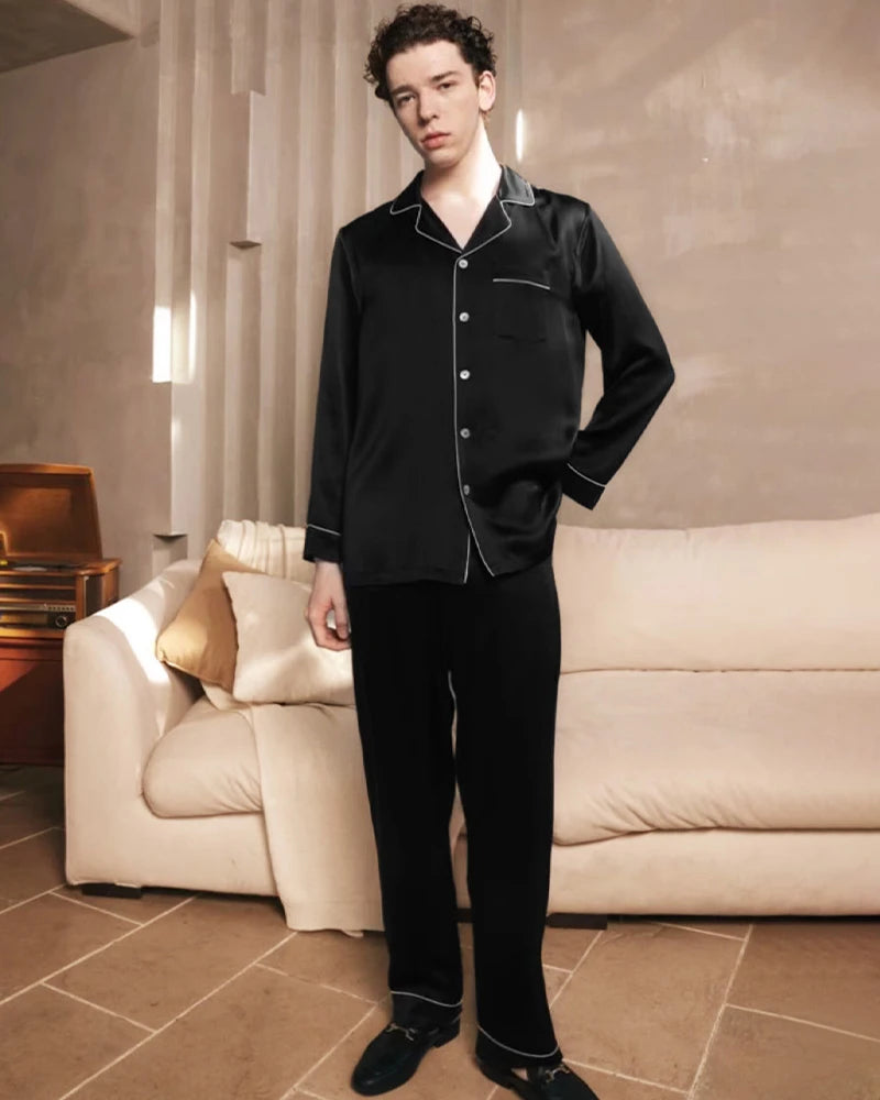 Men's Washable Silk Pajama Set, Black