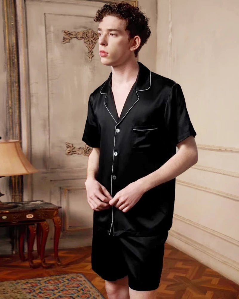 Men's Washable Silk Pajamas Short Set, Black