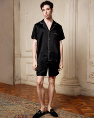 Men's Washable Silk Pajamas Short Set, Black