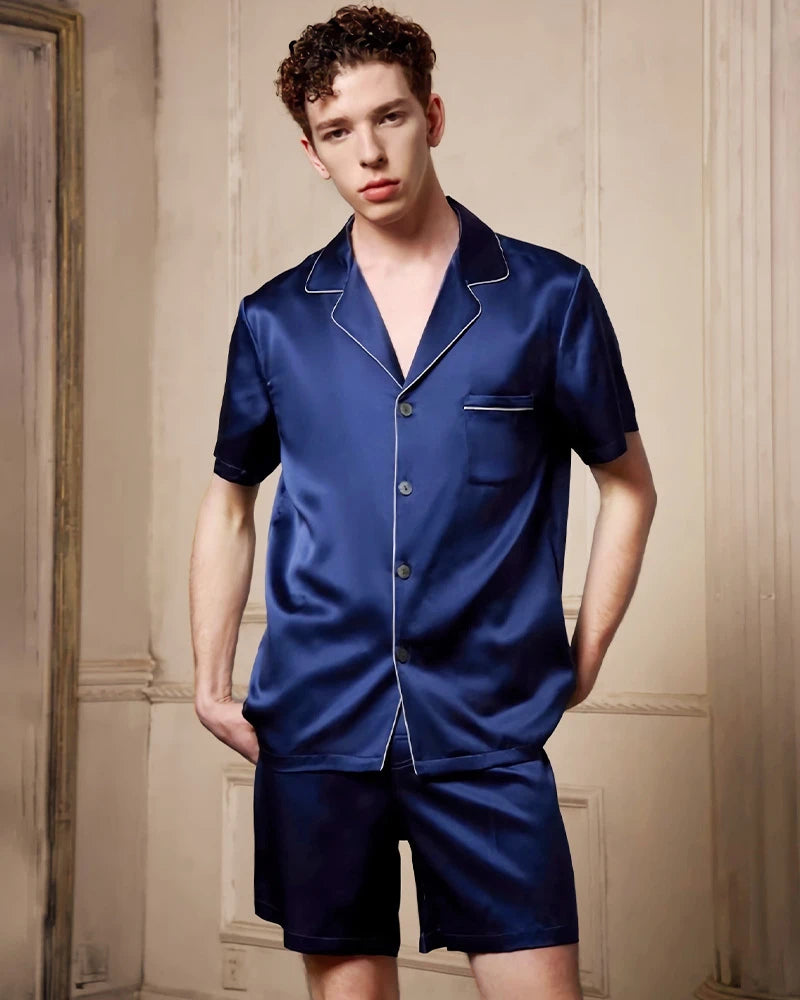 Men's Washable Silk Pajamas Short Set, Navy