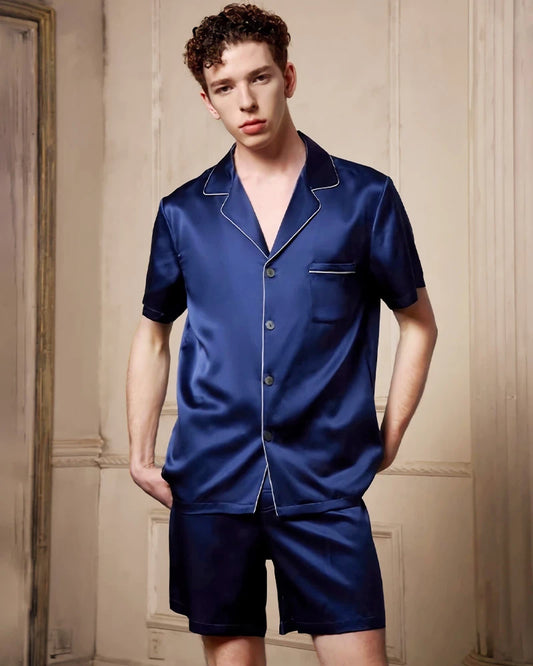 Men's Washable Silk Pajamas Short Set, Navy