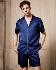 Men's Washable Silk Pajamas Short Set, Navy