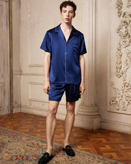 Men's Washable Silk Pajamas Short Set, Navy