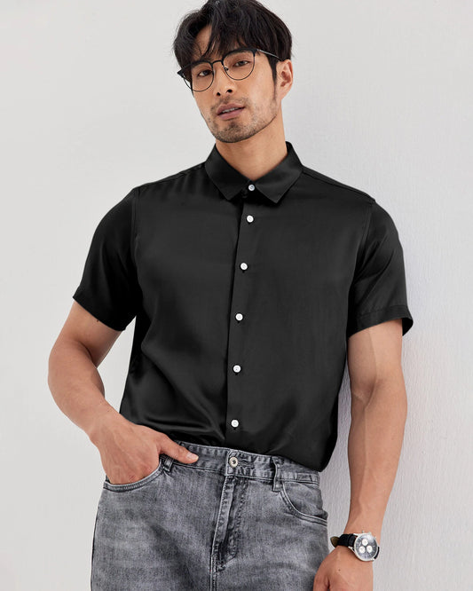 Mens Washable Silk Shirt Short Sleeve