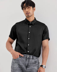 Mens Washable Silk Shirt Short Sleeve