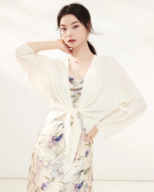 Silk Double Crepe Tie-Front Cardigan
