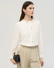 Long Sleeve Silk Blouse with Ruffle Trim