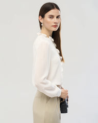 Long Sleeve Silk Blouse with Ruffle Trim