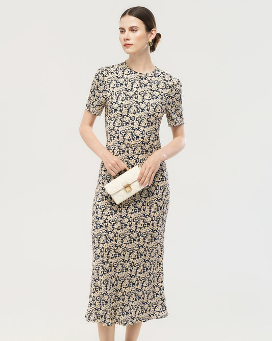 Baby’s Breath Printed Short Sleeve Silk Midi Dress
