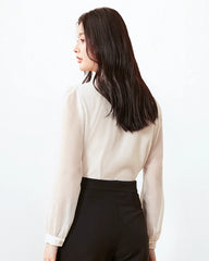 Tie Neck Silk Blouse with Sheer Sleeves