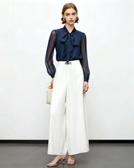 Tie Neck Silk Blouse with Sheer Sleeves
