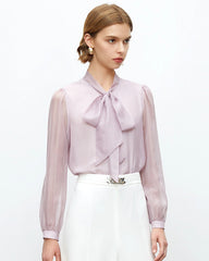 Tie Neck Silk Blouse with Sheer Sleeves