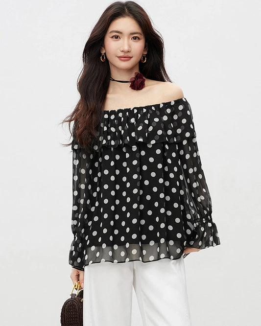 Off the Shoulder Silk Georgette Blouse, Black and White Polka Dot