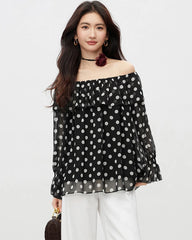 Off the Shoulder Silk Georgette Blouse, Black and White Polka Dot