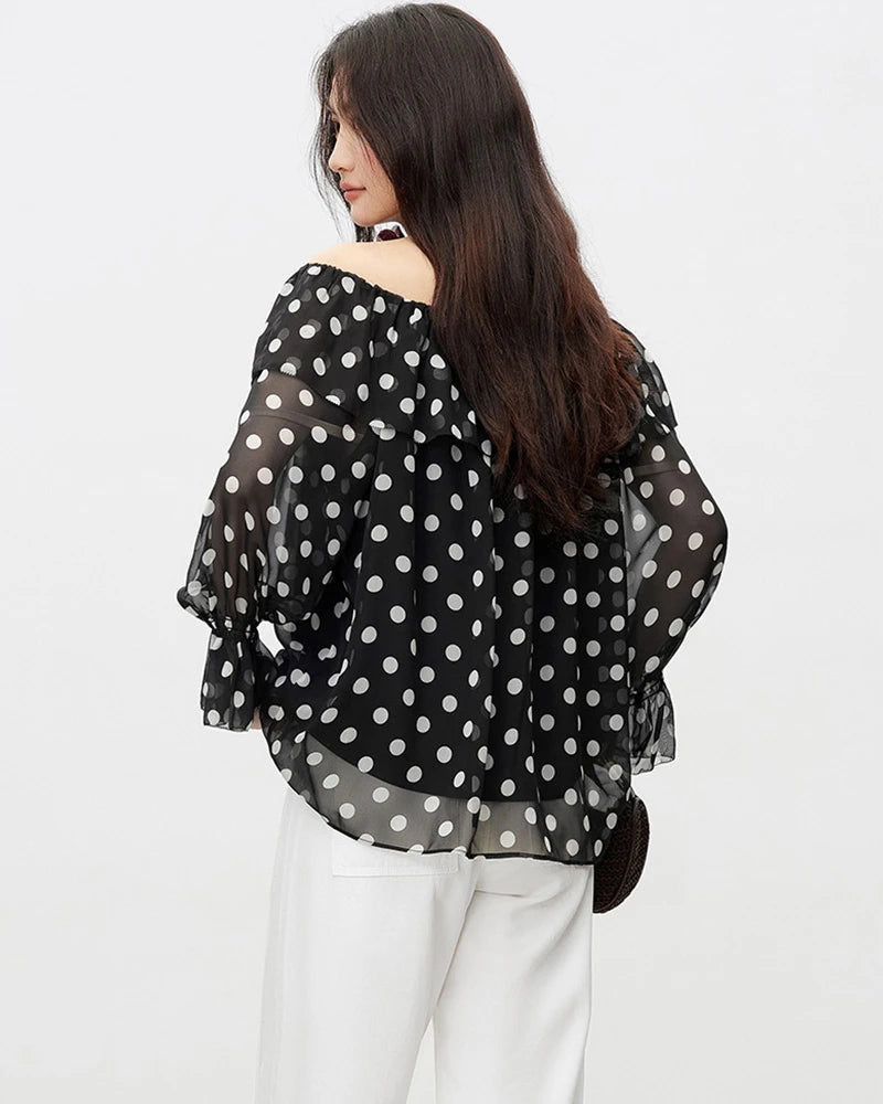 Off the Shoulder Silk Georgette Blouse, Black and White Polka Dot