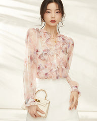 Pink Lily Silk Floral Ruffle Long Sleeve Blouse