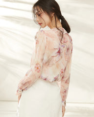 Pink Lily Silk Floral Ruffle Long Sleeve Blouse