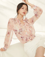 Pink Lily Silk Floral Ruffle Long Sleeve Blouse