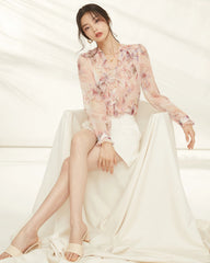 Pink Lily Silk Floral Ruffle Long Sleeve Blouse