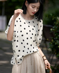 Round Neck Polka Dot Silk Blouse, White and Black