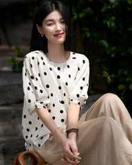 Round Neck Polka Dot Silk Blouse, White and Black