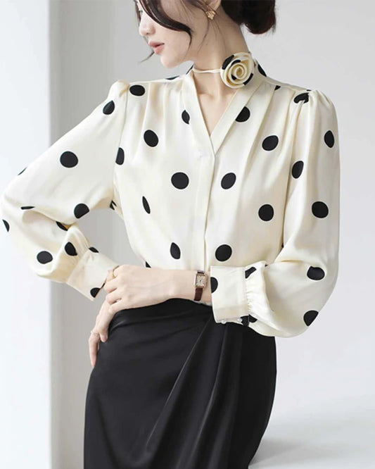 Polka Dot Silk Blouse with Rose Choker, Cream and Black