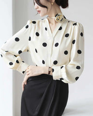 Polka Dot Silk Blouse with Rose Choker, Cream and Black