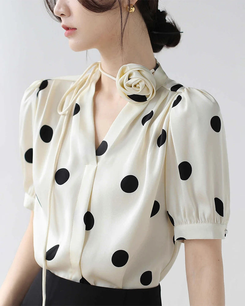 Silk Polka Dot Top with Rose Choker, Cream and Black