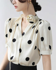 Silk Polka Dot Top with Rose Choker, Cream and Black
