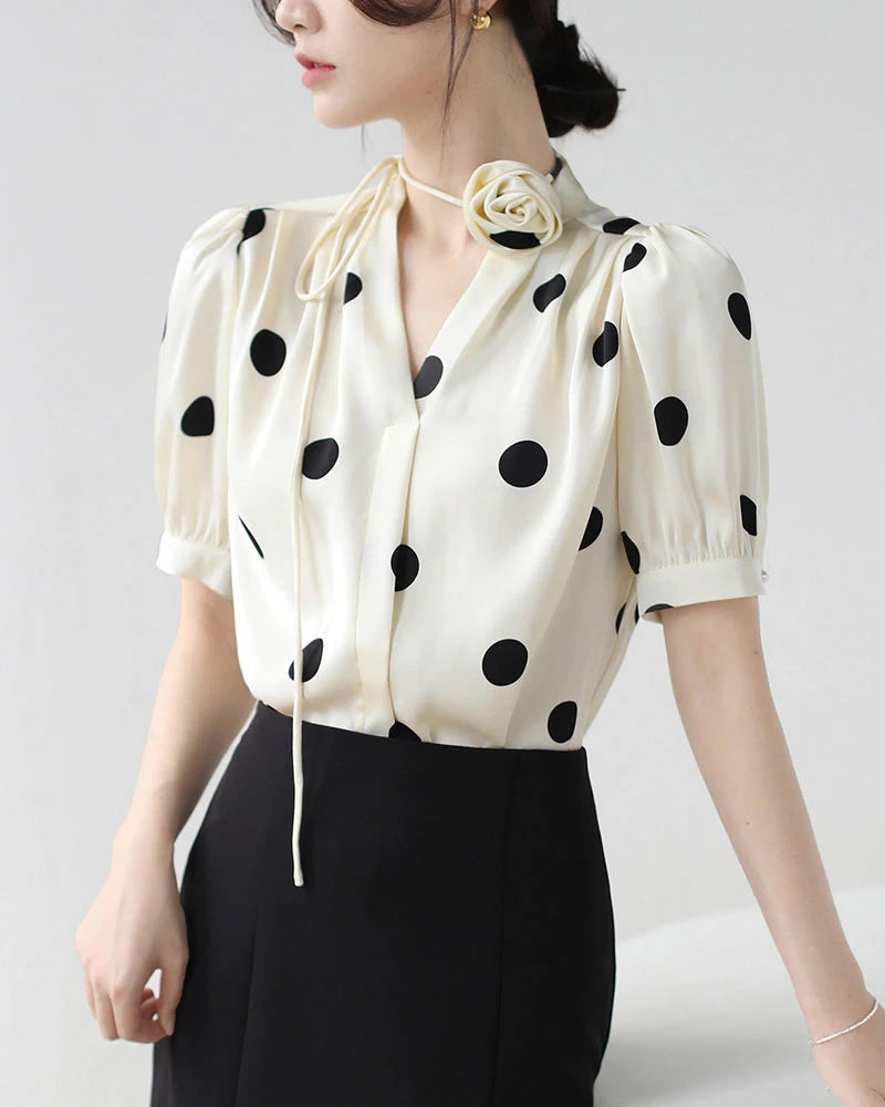 Silk Polka Dot Top with Rose Choker, Cream and Black