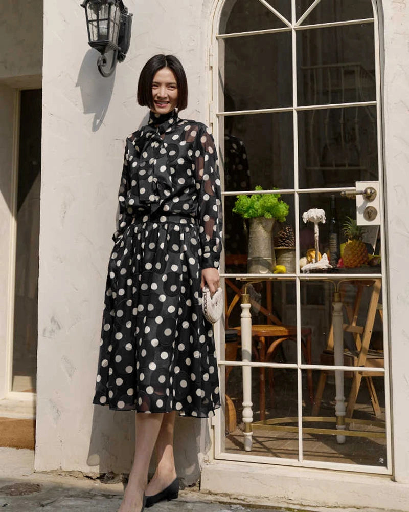 Polka Dot Silk Blouse and Skirt Set, Black and White