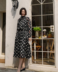 Polka Dot Silk Blouse and Skirt Set, Black and White