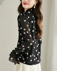 Polka Dot Silk Blouse with Ruffles, Black and White