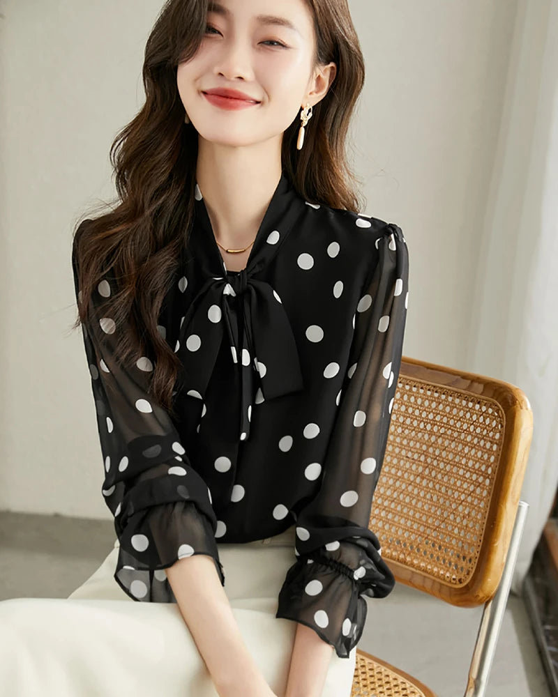 Polka Dot Silk Blouse with Ruffles, Black and White
