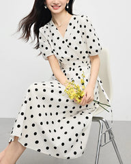 Polka Dot Silk Dress V Neck Short Sleeve, White and Black