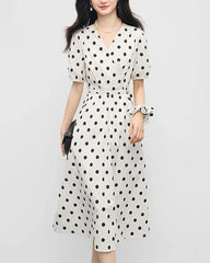 Polka Dot Silk Dress V Neck Short Sleeve, White and Black