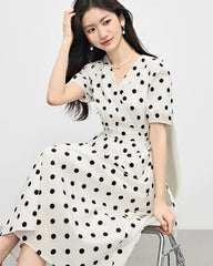 Polka Dot Silk Dress V Neck Short Sleeve, White and Black
