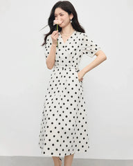 Polka Dot Silk Dress V Neck Short Sleeve, White and Black